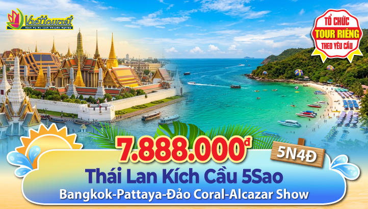 Tour du lịch THÁI LAN 5SAO - Trọn gói gồm vé máy bay - Tour kích cầu khởi hành hàng ngày trên toàn quốc | BANGKOK – PATTAYA – ĐẢO CORAL – Tặng CAFÉ VÀNG - Tặng Massage - Tặng Alcazar Show - Tặng BBQ Hải Sản