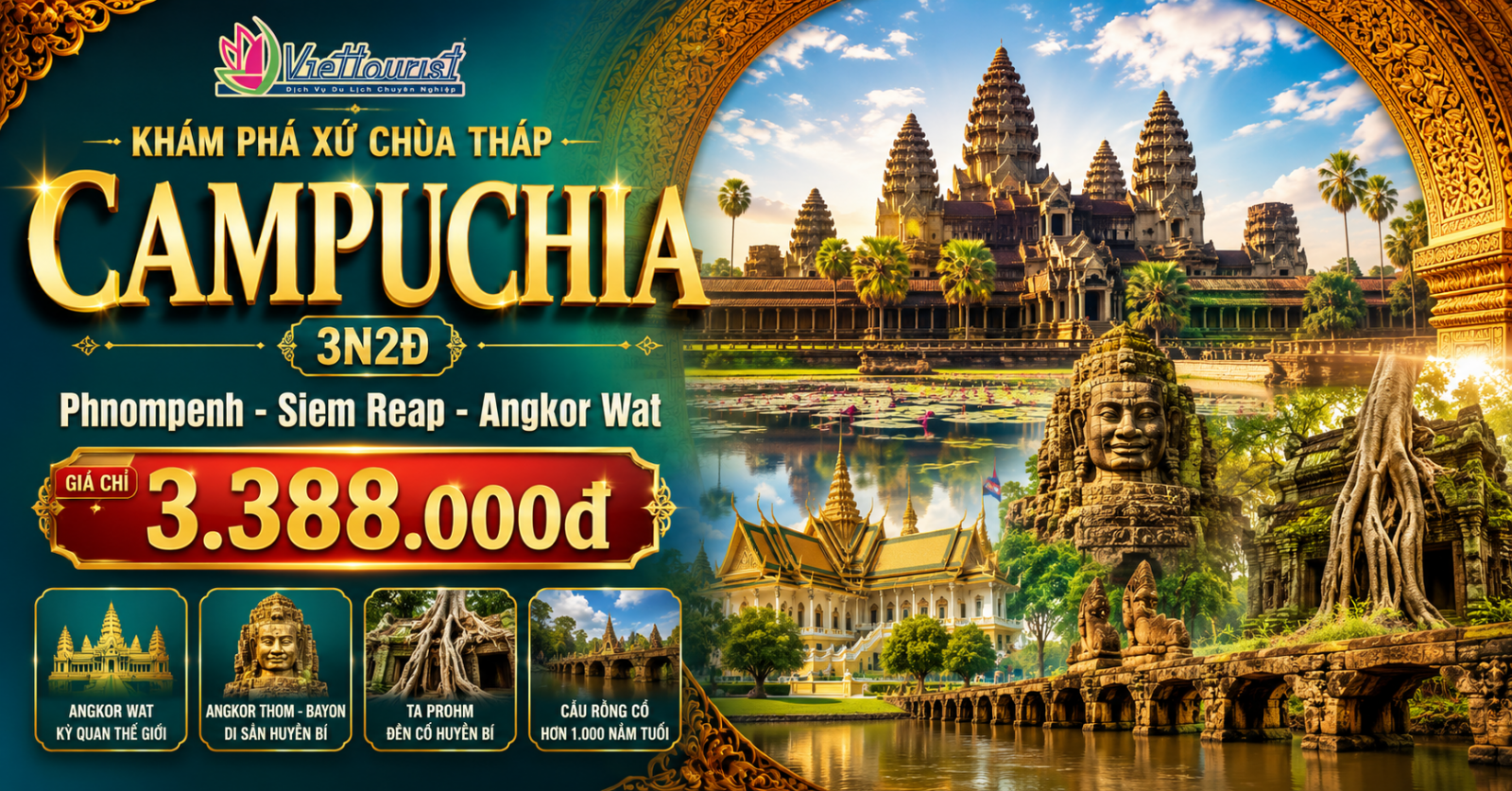 Tour du lịch Campuchia 4Sao | Quần Thể Angkor Vip Tour | Siemreap | Cầu Rồng Cổ | Buffet APSARA 3N2Đ