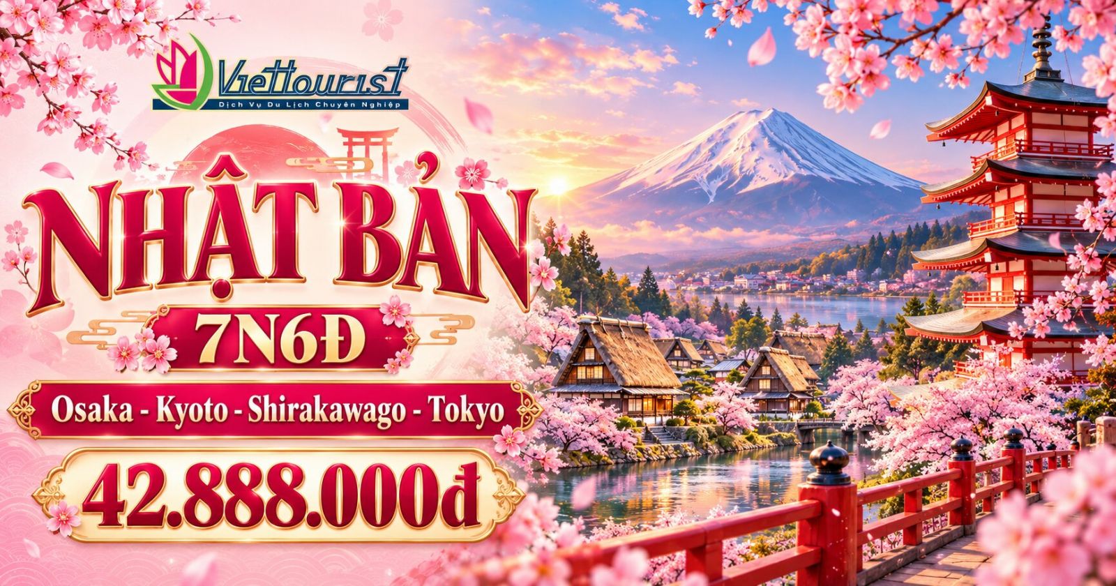 Tour Nhật Bản Mùa Hoa Anh Đào 7N6Đ | Osaka – Kyoto – Shirakawago – Núi Phú Sĩ – Tokyo
