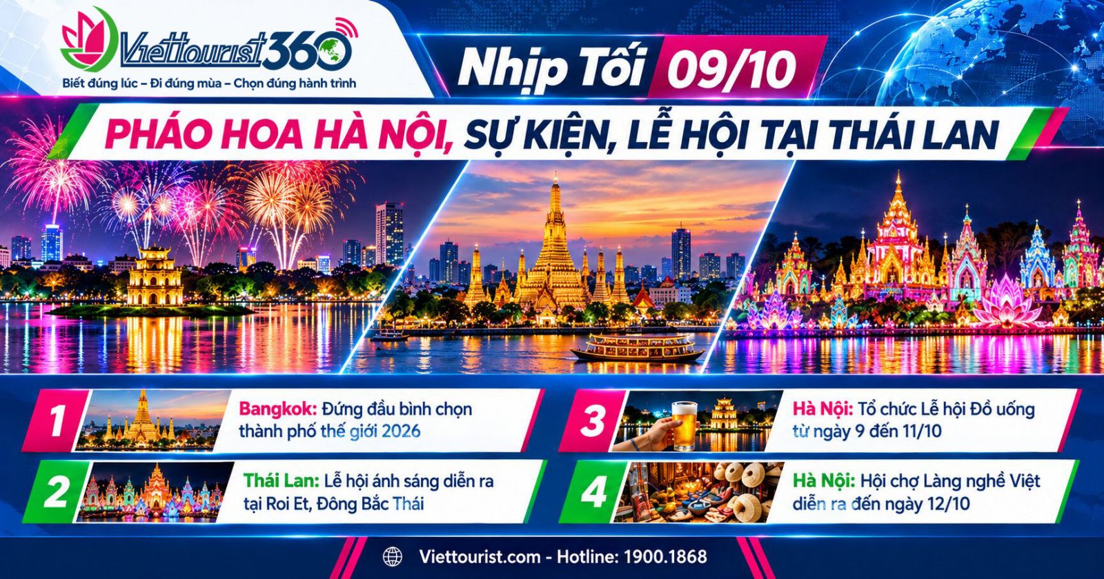 VIETTOURIST 360 – NHỊP TỐI 09/10/2026: Bangkok được vinh danh, Hà Nội mùa lễ hội