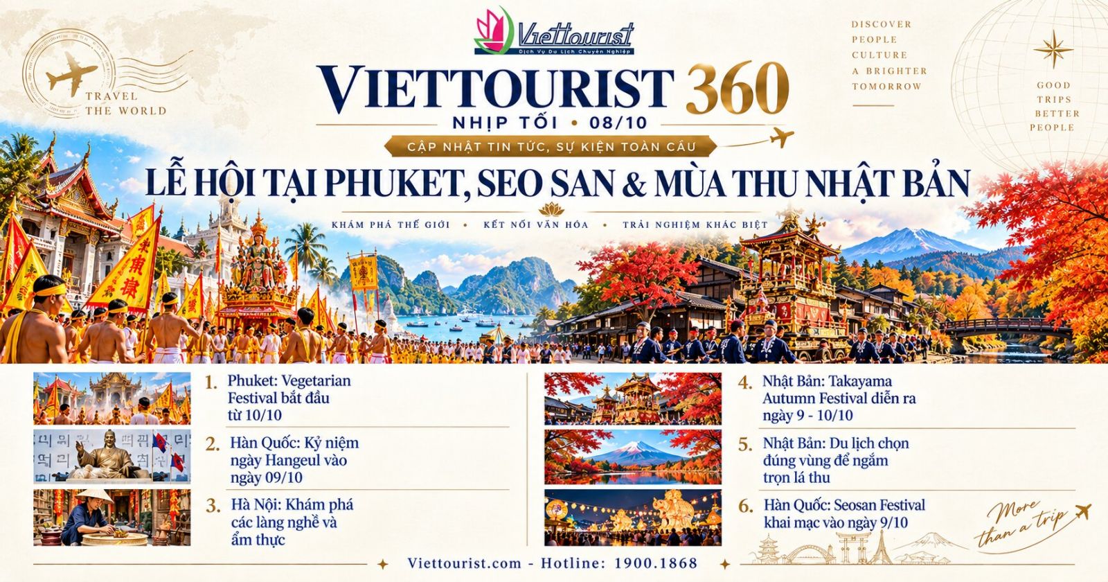 VIETTOURIST 360 – NHỊP TỐI 08/10/2026: Ngày Hangeul, Hà Nội, Seosan và mùa thu Nhật Bản