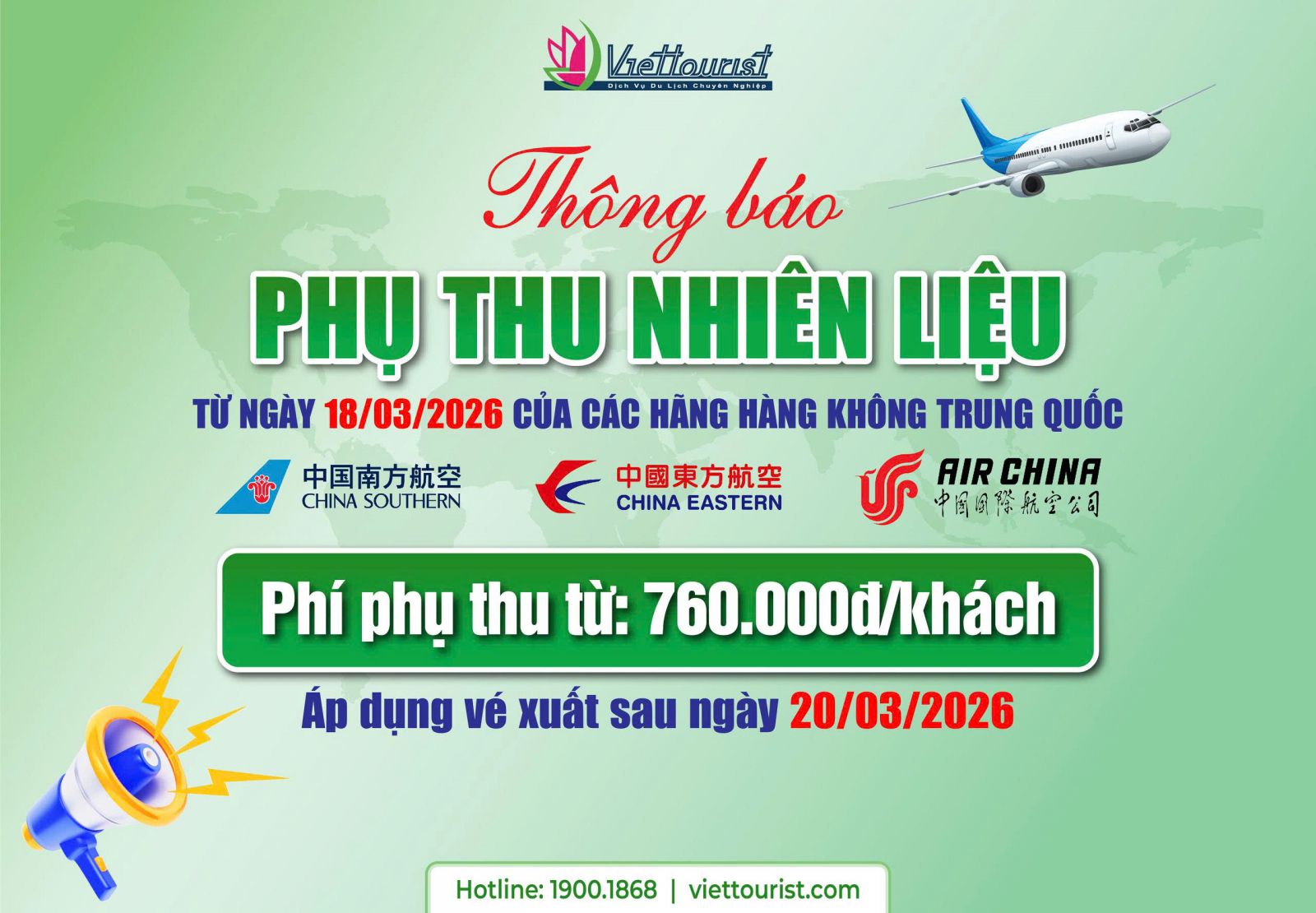 Thông báo phụ thu nhiên liệu vé máy bay tuyến Việt Nam – Trung Quốc từ 01/04/2026